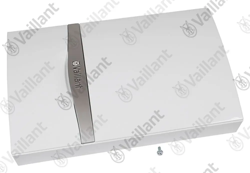 Weißes Gehäuse von Vaillant, rechteckig mit einer metallischen Frontblende. Unterhalb befindet sich eine Schraube.